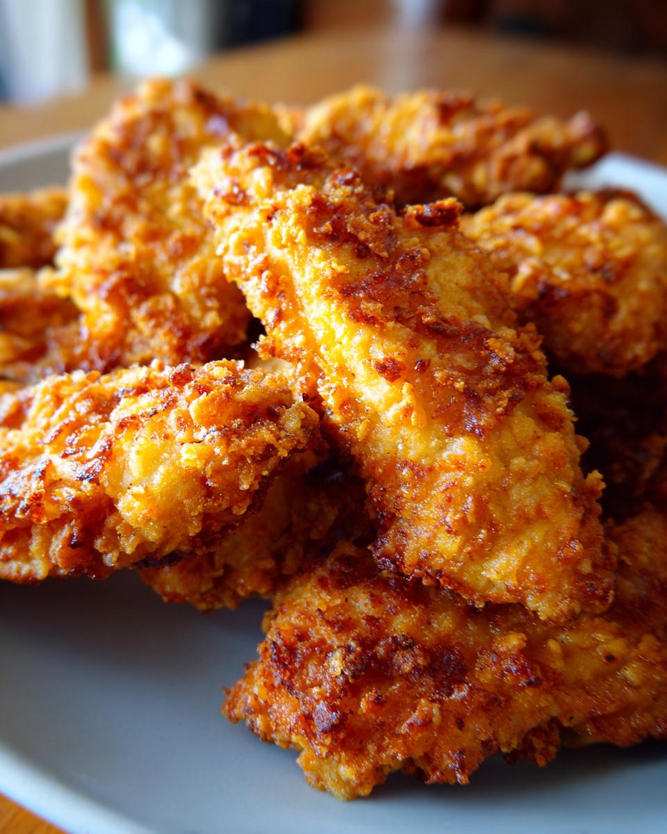 Close-up of golden brown oven-fried crispy chicken pieces piled on a plate, showcasing the crunchy texture.