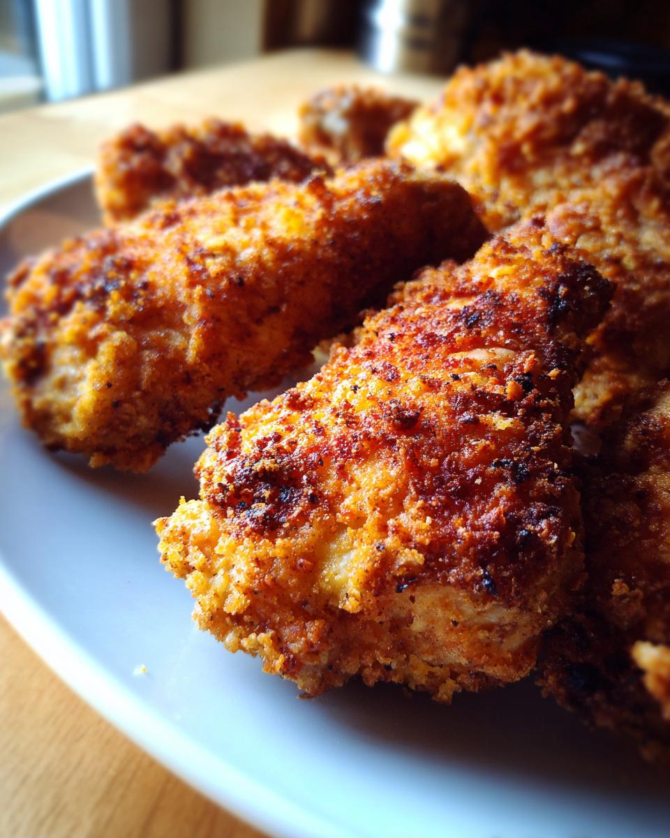 Close-up of oven-fried crispy chicken pieces with a golden-brown coating on a white plate.