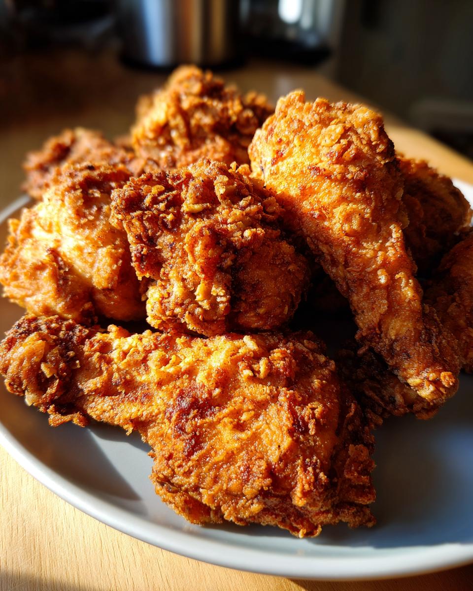 A plate of golden brown oven-fried crispy chicken pieces, showcasing the crispy texture.