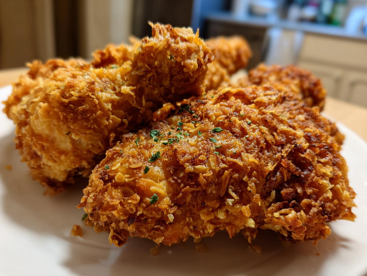 Close-up of golden brown oven‑fried crispy chicken pieces on a white plate, garnished with herbs.