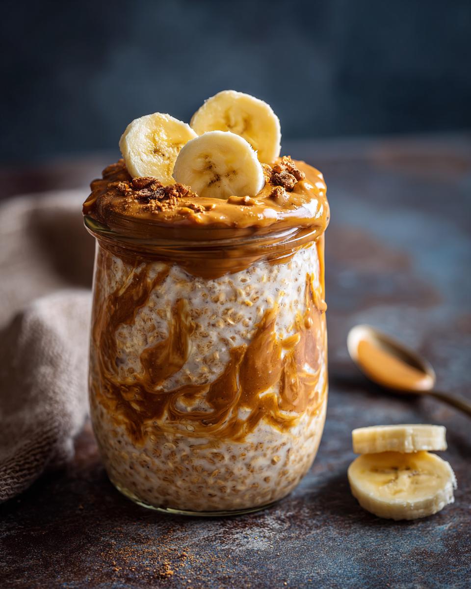 A jar of peanut butter banana overnight oats, topped with banana slices and peanut butter.