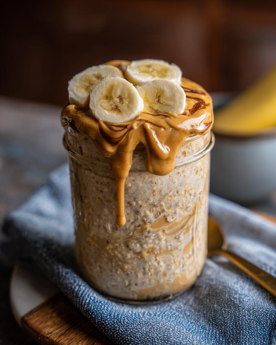 Mason jar filled with peanut butter banana overnight oats, topped with banana slices and peanut butter drizzle.