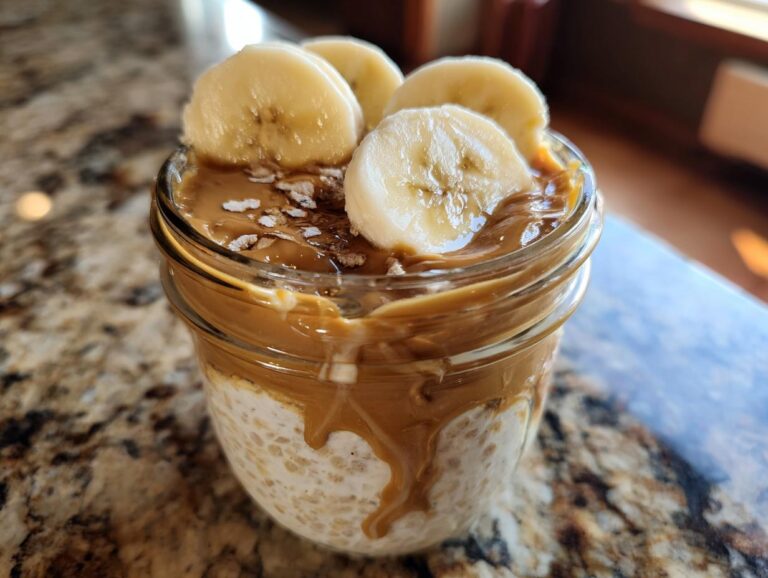 A jar of peanut butter banana overnight oats topped with banana slices and peanut butter drizzle.