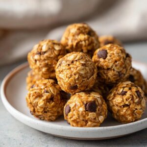 A stack of peanut butter oatmeal energy bites with chocolate chips on a white plate.