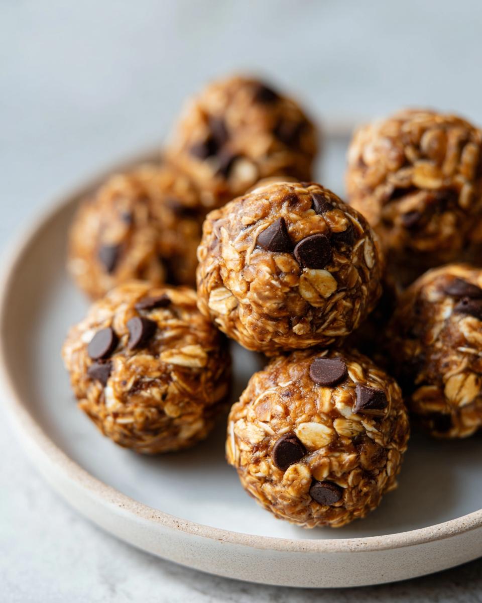 A plate of delicious peanut butter oatmeal energy bites with chocolate chips, ready to eat.