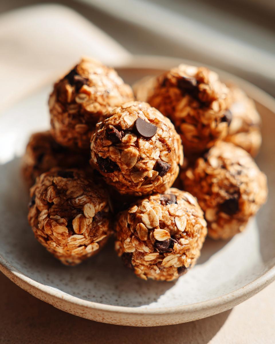 A stack of peanut butter oatmeal energy bites with chocolate chips on a small plate.