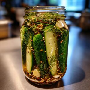 A glass jar filled with refrigerator dill pickles, dill sprigs, garlic, and spices in brine.
