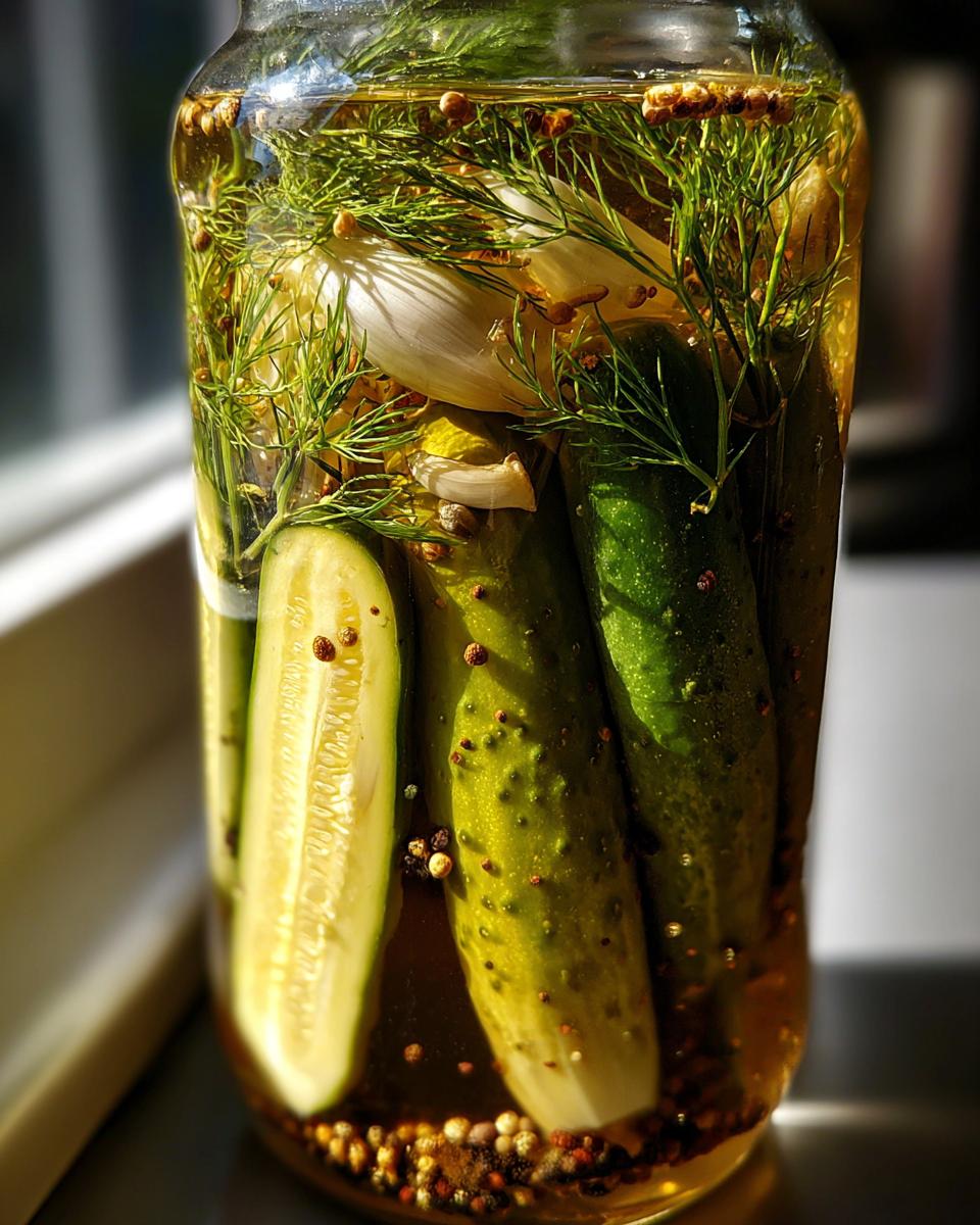 Close-up of a jar filled with homemade refrigerator dill pickles, dill sprigs, garlic, and spices.