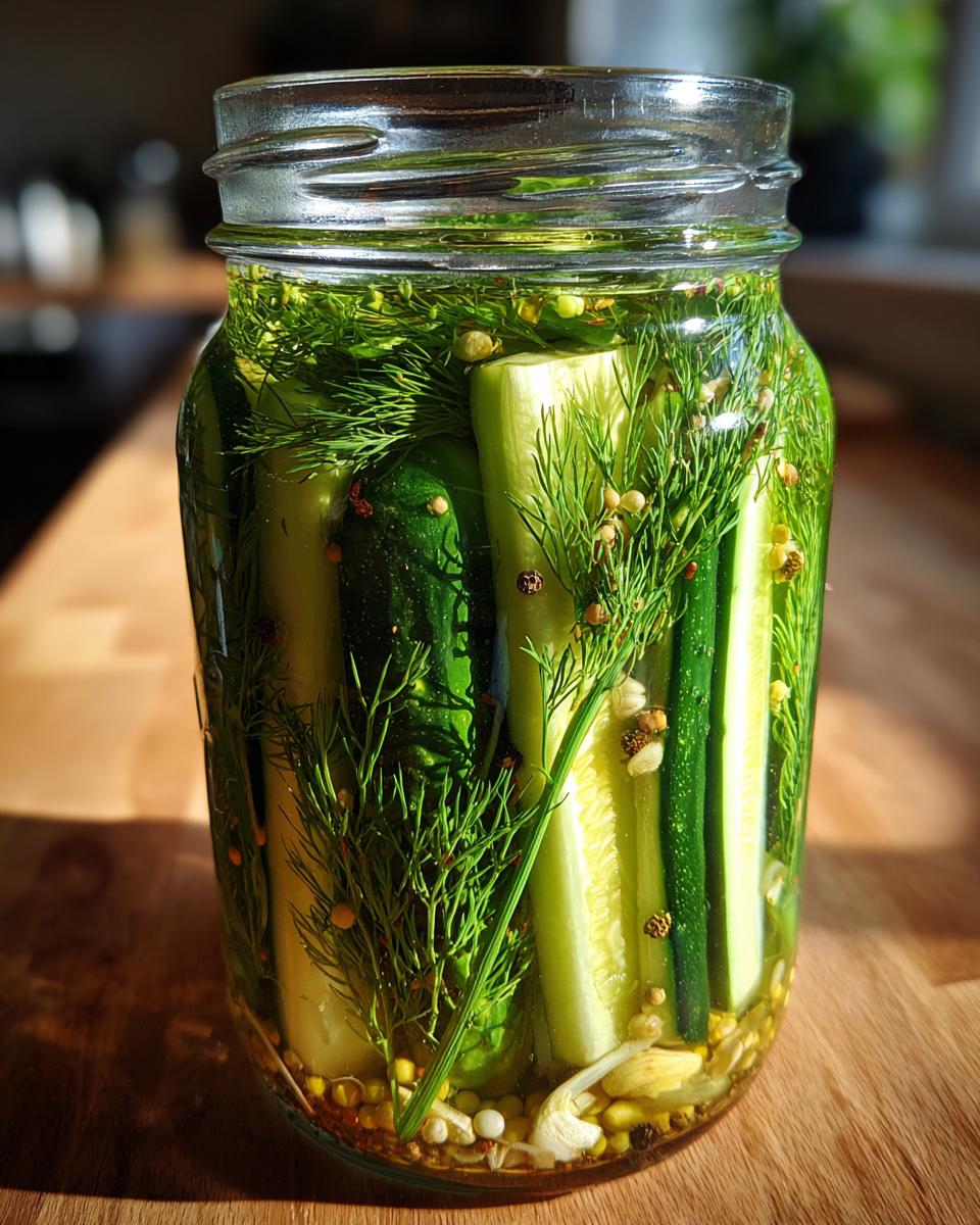 A glass jar filled with homemade refrigerator dill pickles, dill sprigs, and spices in brine.