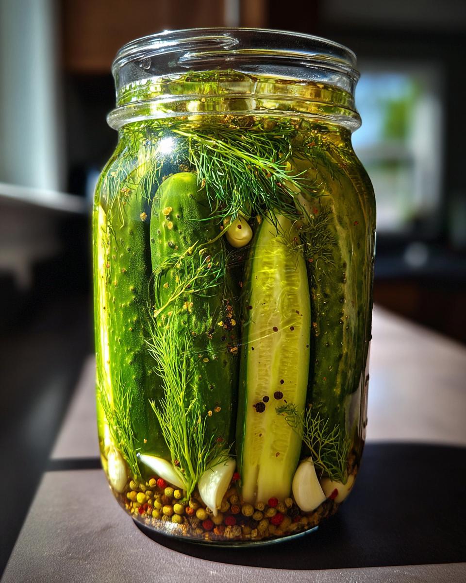 A glass jar filled with homemade refrigerator dill pickles, dill sprigs, garlic, and spices in brine.