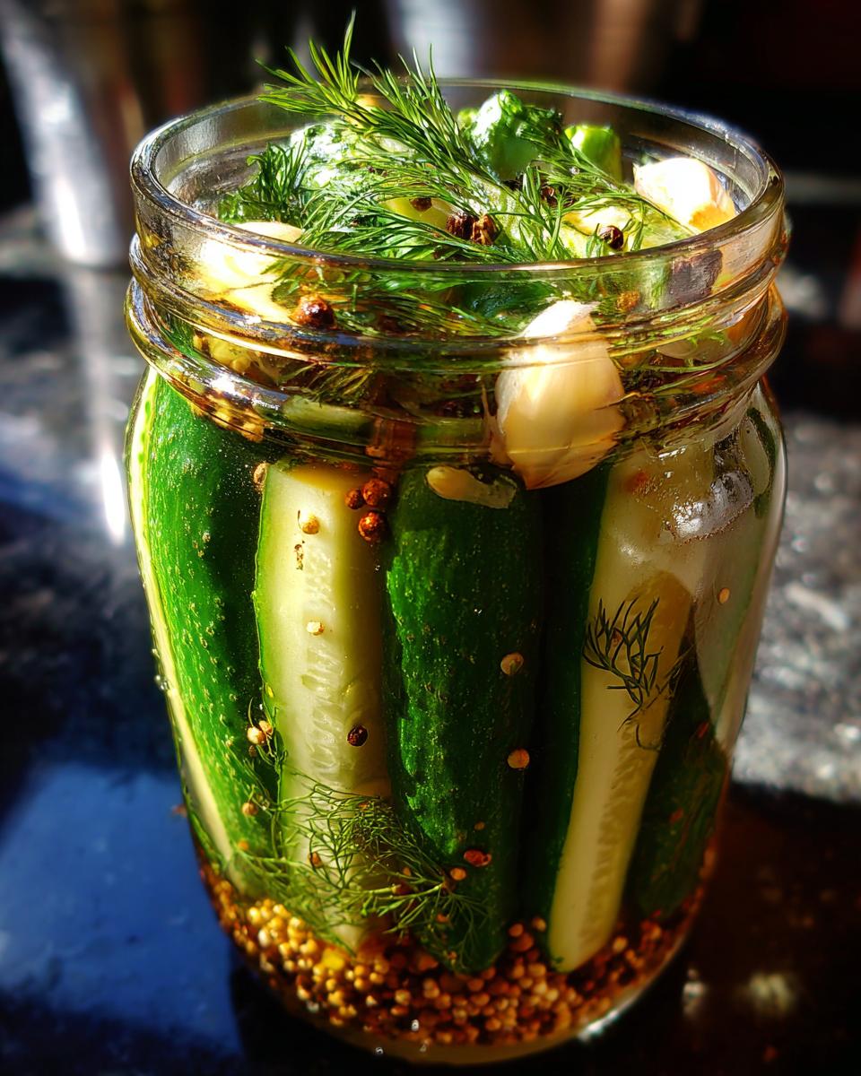 A glass jar filled with homemade refrigerator dill pickles, dill sprigs, garlic, and pickling spices.