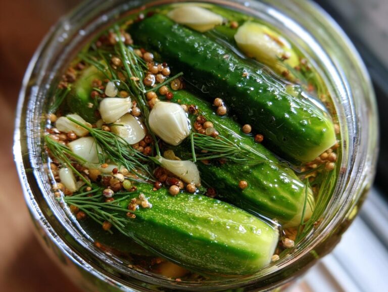 Overhead view of a jar filled with refrigerator dill pickles, garlic, dill sprigs, and spices.