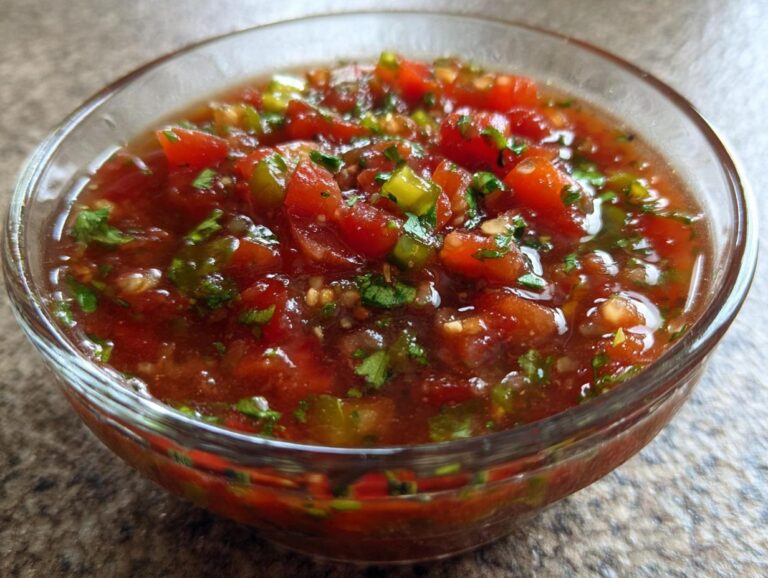 A bowl of vibrant Restaurant style salsa, featuring tomatoes, peppers, and cilantro.