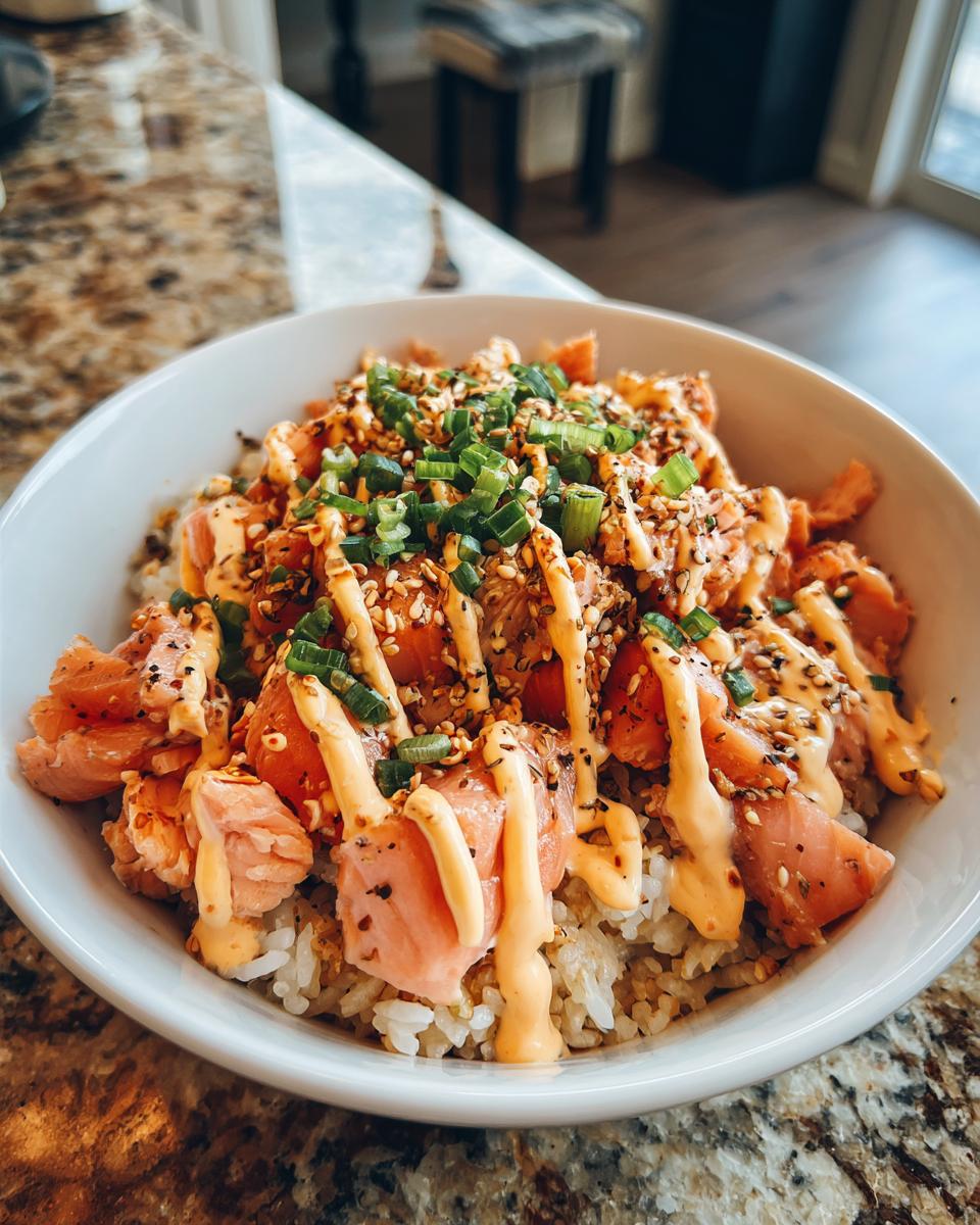 A flavorful salmon rice bowl with cooked salmon, rice, sauce, sesame seeds, and green onions.