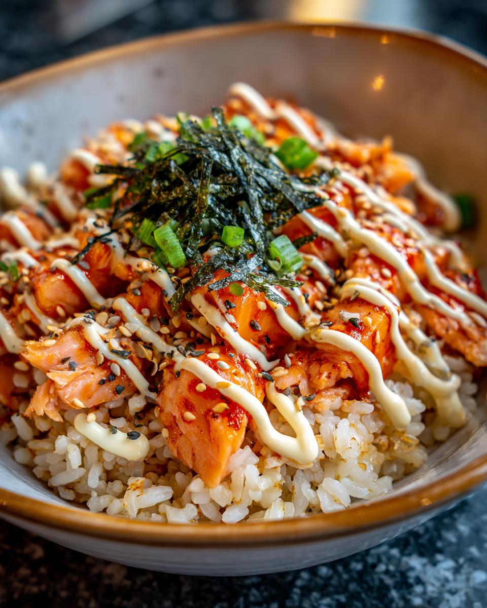 Close-up of a salmon rice bowl with teriyaki salmon, rice, mayo, seaweed, and sesame seeds.