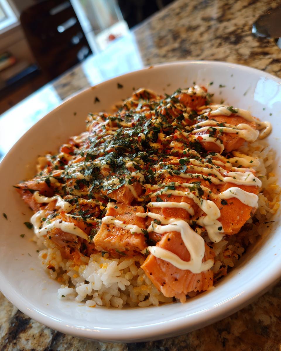 A flavorful salmon rice bowl topped with spicy mayo, herbs, and chili flakes, ready to eat.