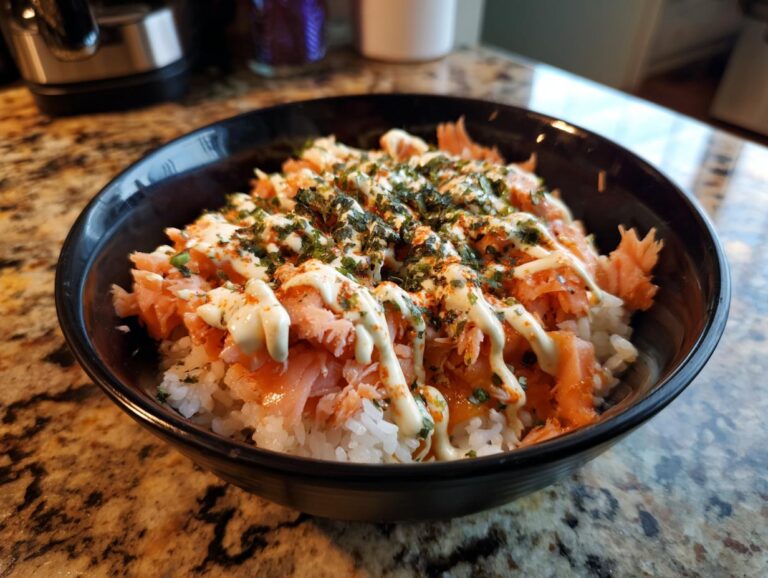 A flavorful salmon rice bowl topped with spicy mayo, seaweed flakes, and seasonings, ready to eat.
