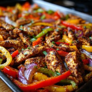 Colorful sheet pan chicken fajitas with sliced chicken, red, yellow, and green bell peppers, and red onions.