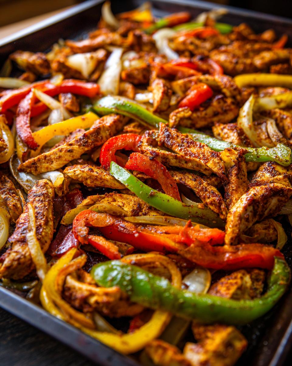 Overhead view of sheet pan chicken fajitas with colorful bell peppers and onions.