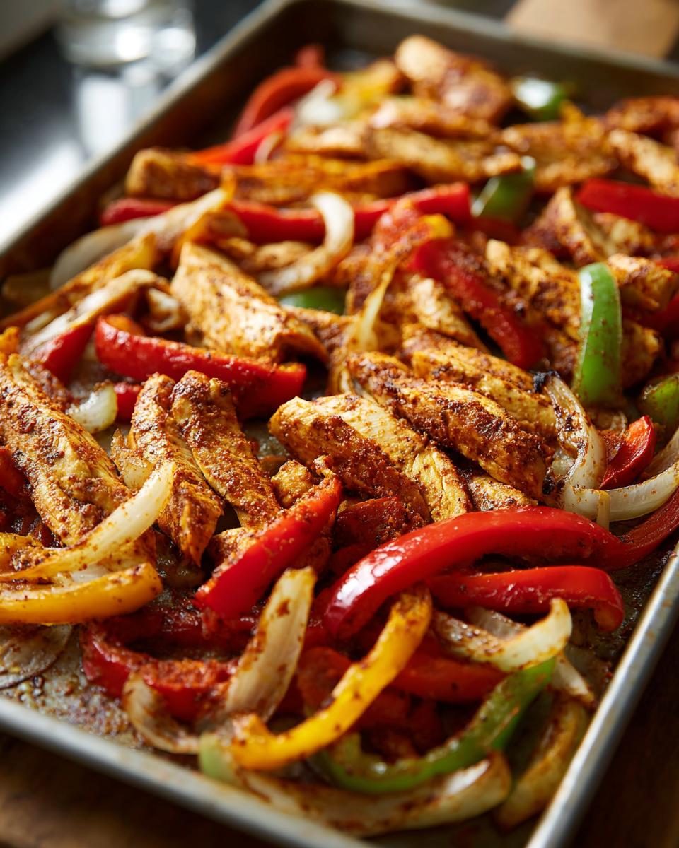 Sheet pan chicken fajitas with sliced chicken, bell peppers, and onions, ready to serve.