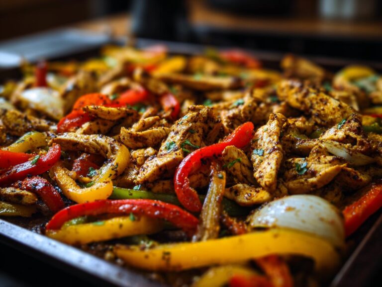 Sheet pan chicken fajitas with sliced chicken, red, yellow and green bell peppers, and onions.
