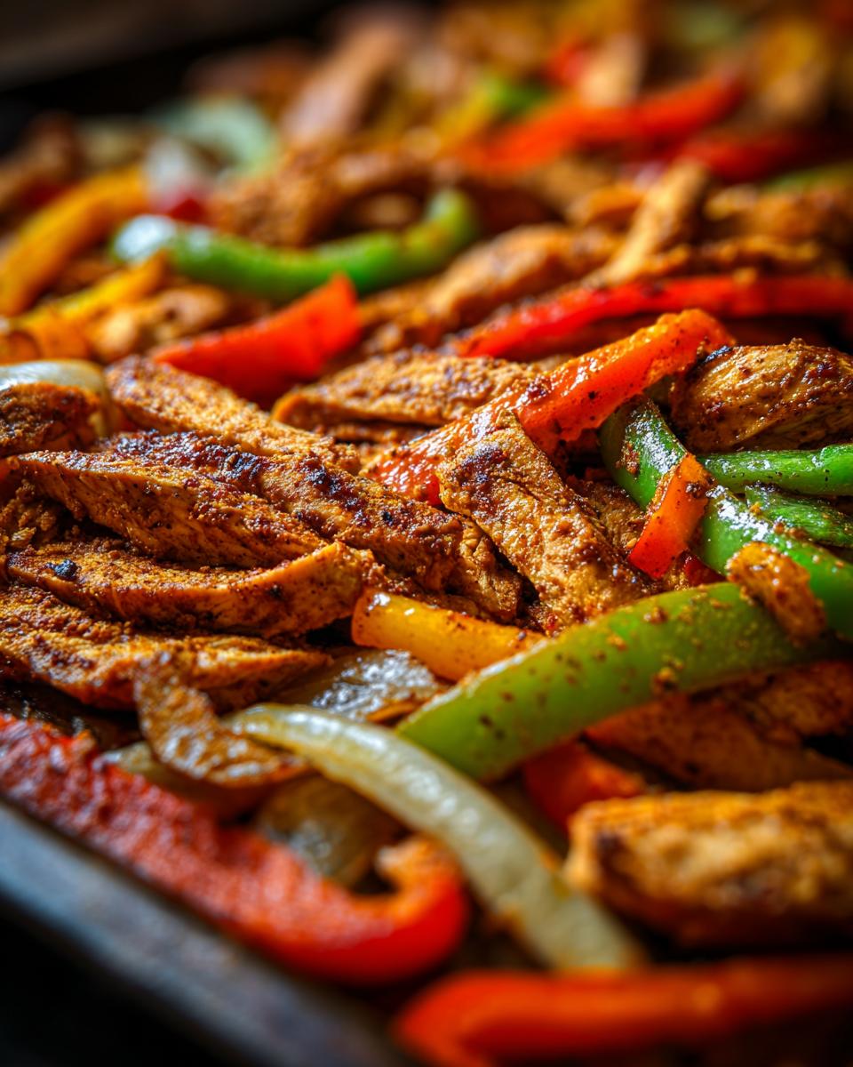 A close-up of sheet pan chicken fajitas with colorful bell peppers and onions.