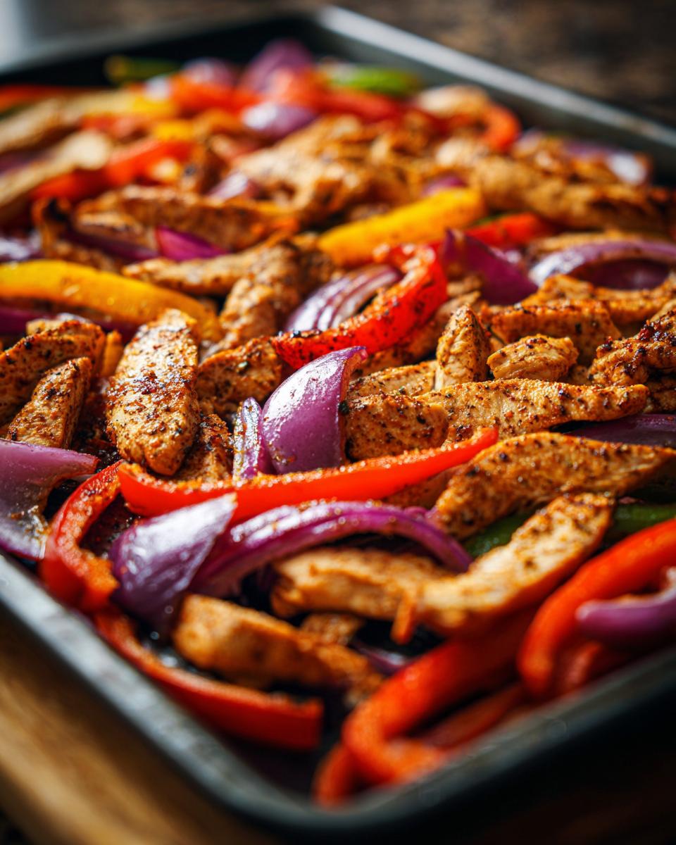 Close-up of sheet pan chicken fajitas with colorful bell peppers and red onions on a baking sheet.