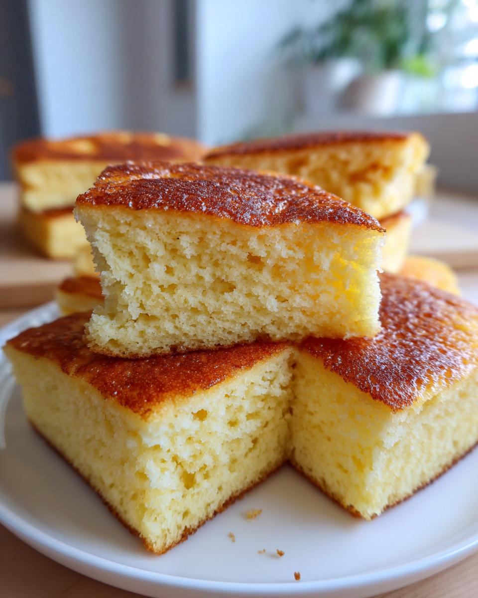 Close-up of stacked slices of golden brown sheet pan pancake on a white plate.