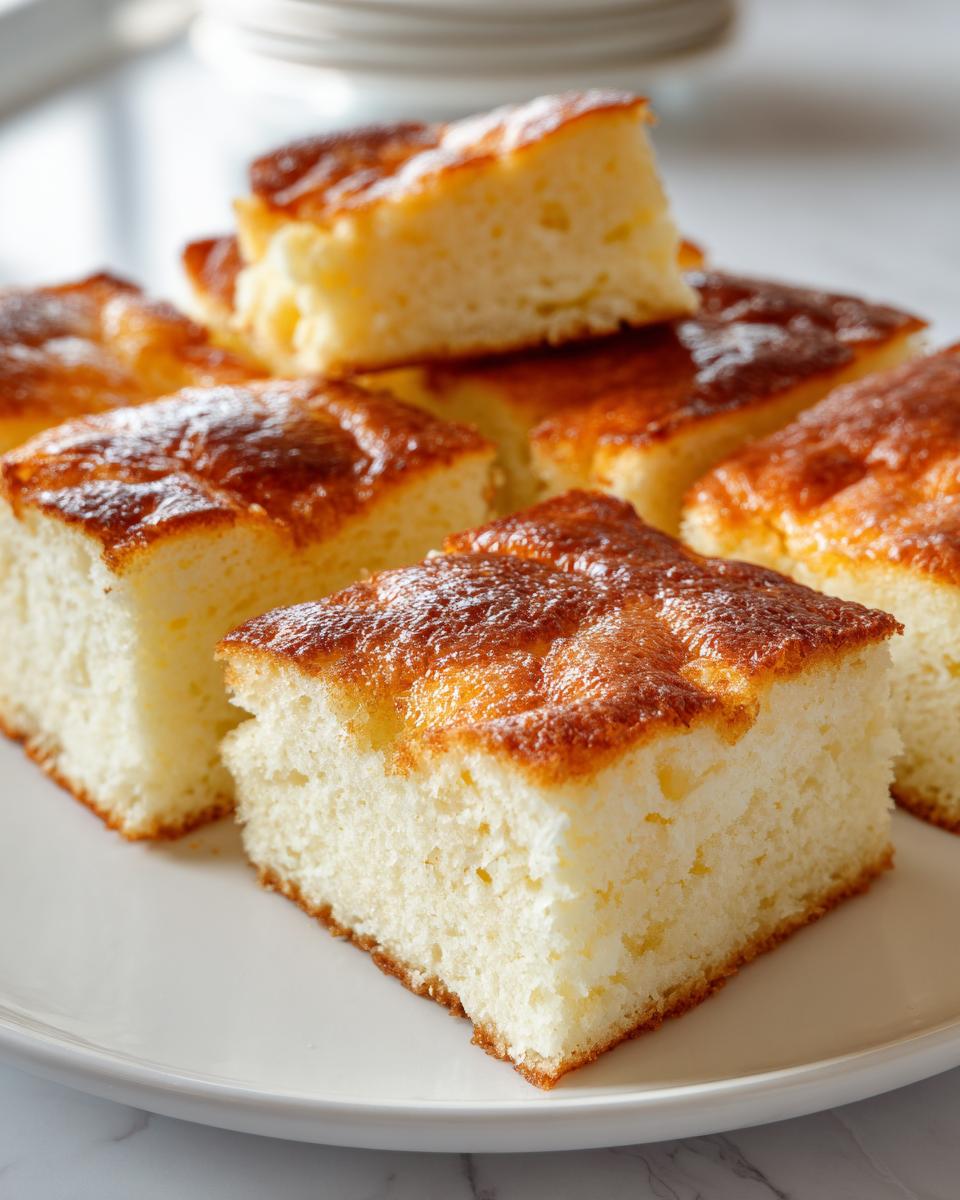 Close-up of golden brown sheet pan pancake squares stacked on a white plate.