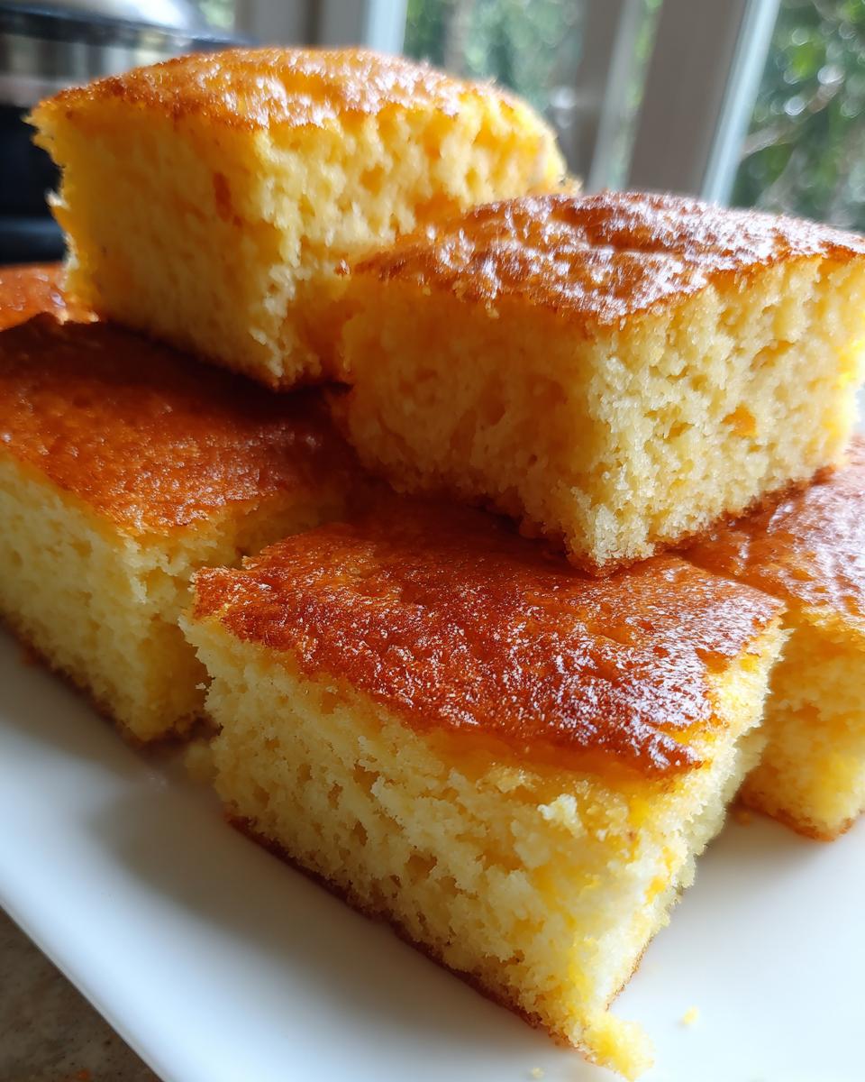 Close-up of stacked golden sheet pan pancake squares on a white plate, showcasing their texture.