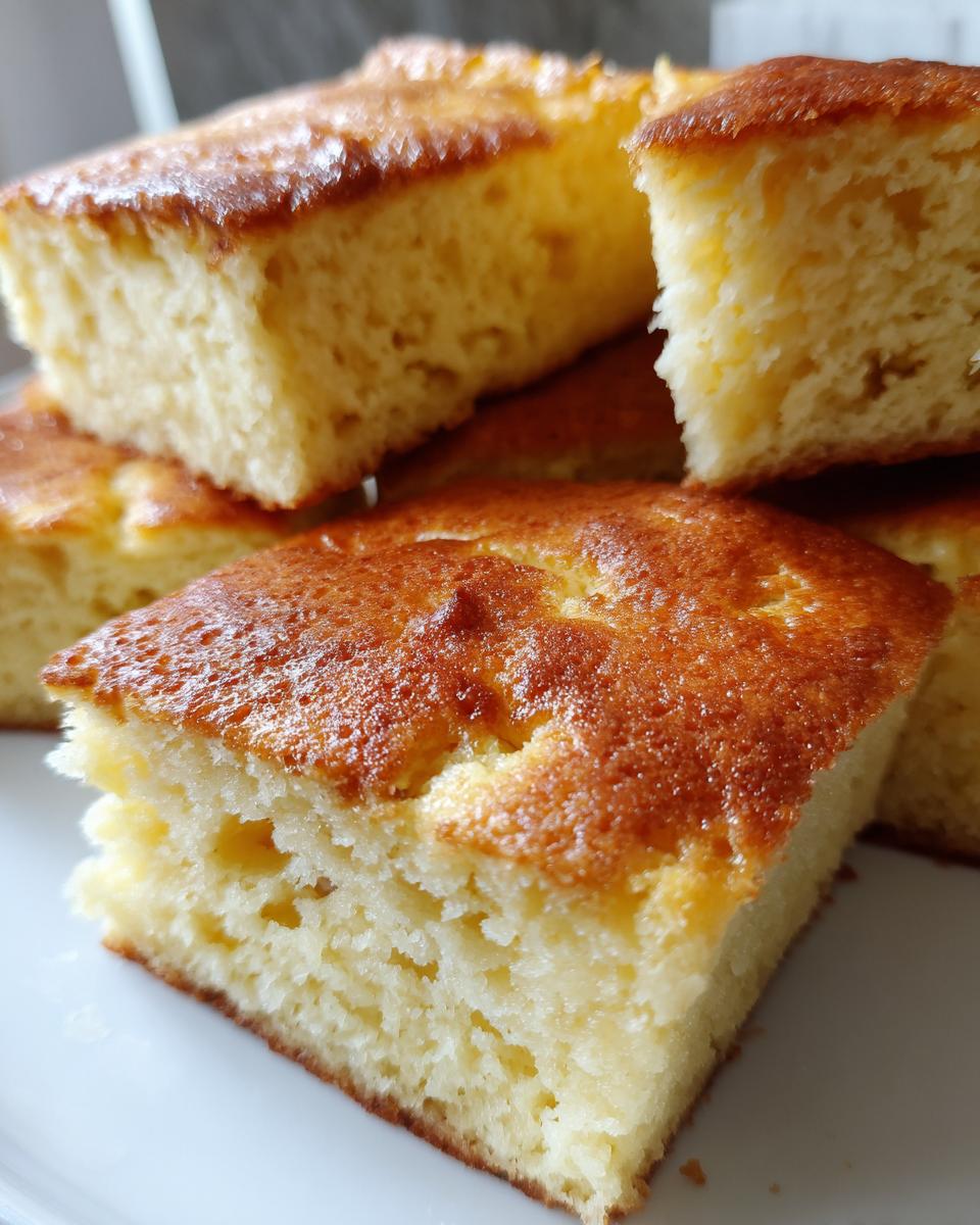 Close-up of stacked sheet pan pancake squares, showcasing their golden-brown tops and fluffy texture.