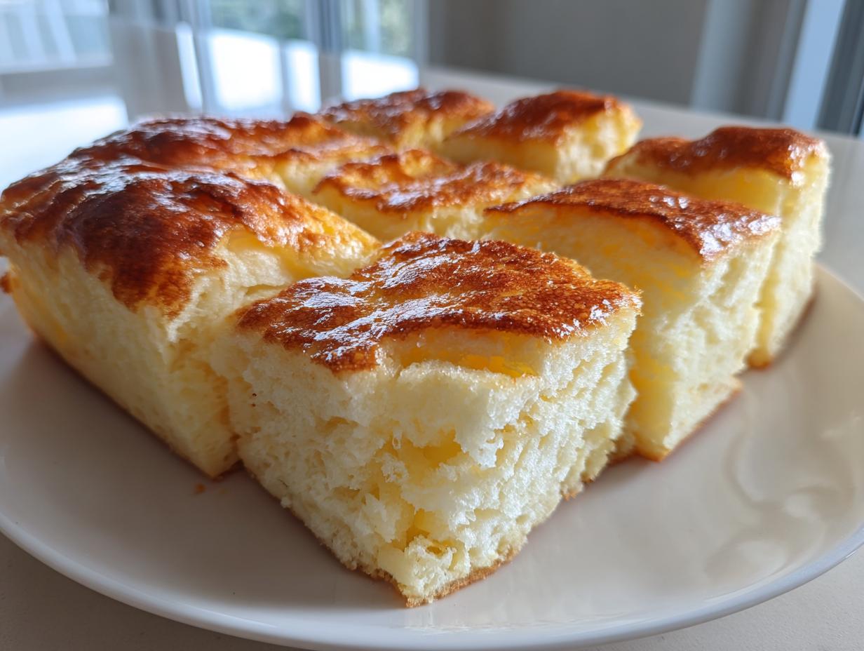 Close-up of golden brown sheet pan pancake squares on a white plate, ready to serve.