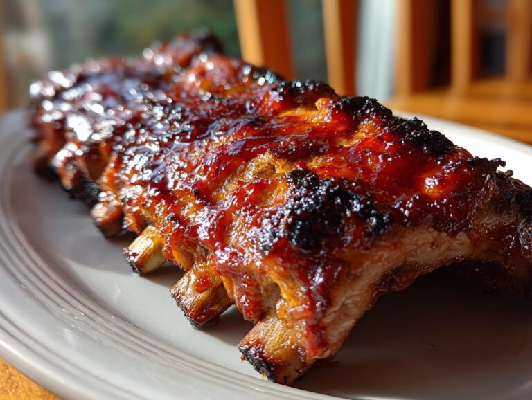 Close-up of perfectly glazed Slow cooker BBQ ribs on a plate, ready to eat.
