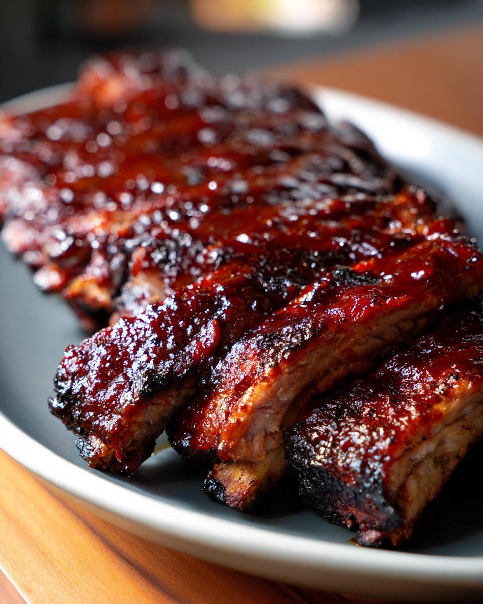 Close-up of juicy slow cooker BBQ ribs on a plate, glazed with a rich, dark barbecue sauce.