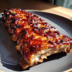A close-up of slow cooker BBQ ribs on a gray plate, glistening with sauce.