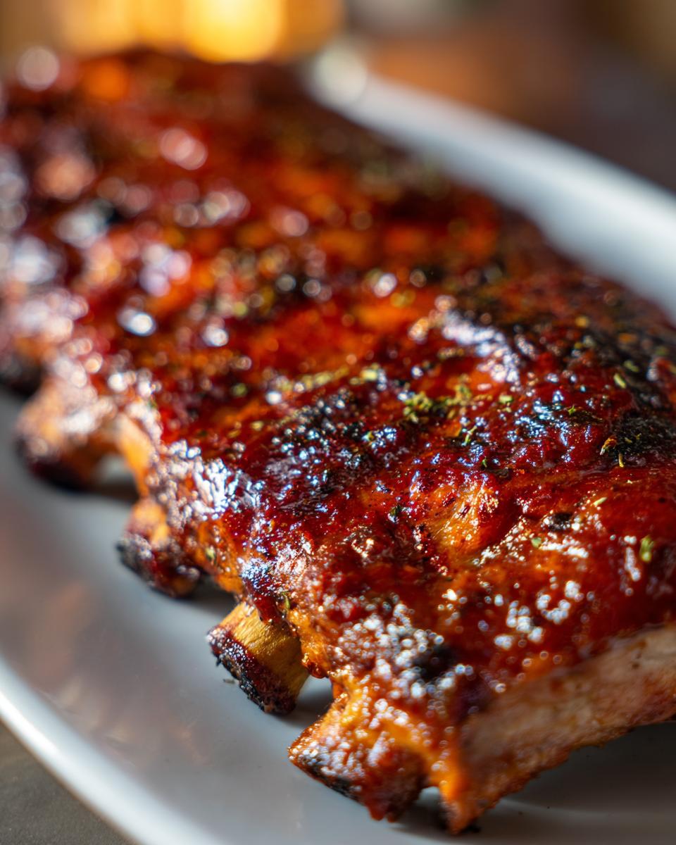 Close-up of glazed Slow cooker BBQ ribs on a white platter, showing the tender meat and rich sauce.