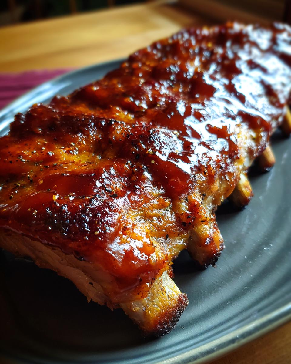 A rack of glistening Slow cooker BBQ ribs on a dark plate, coated in a rich, tangy sauce.