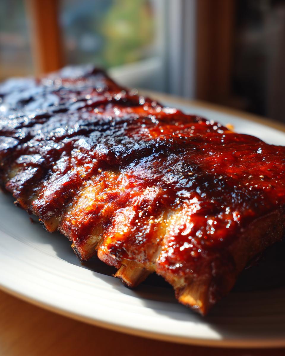 A rack of glistening Slow cooker BBQ ribs on a white plate, ready to be served.