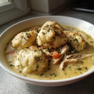 A comforting bowl of slow cooker chicken and dumplings, garnished with fresh herbs.