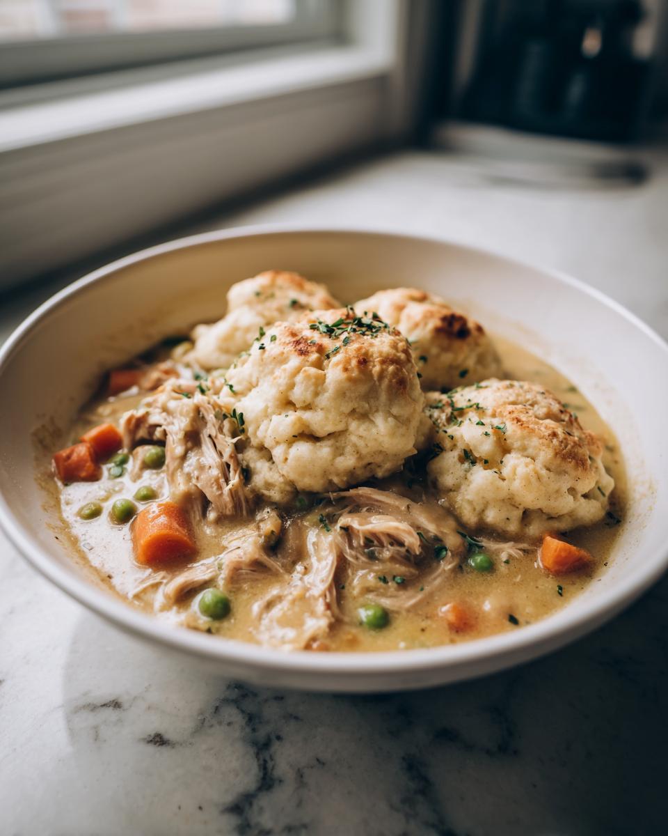 A bowl of creamy slow cooker chicken and dumplings with carrots and peas, topped with fluffy dumplings and herbs.