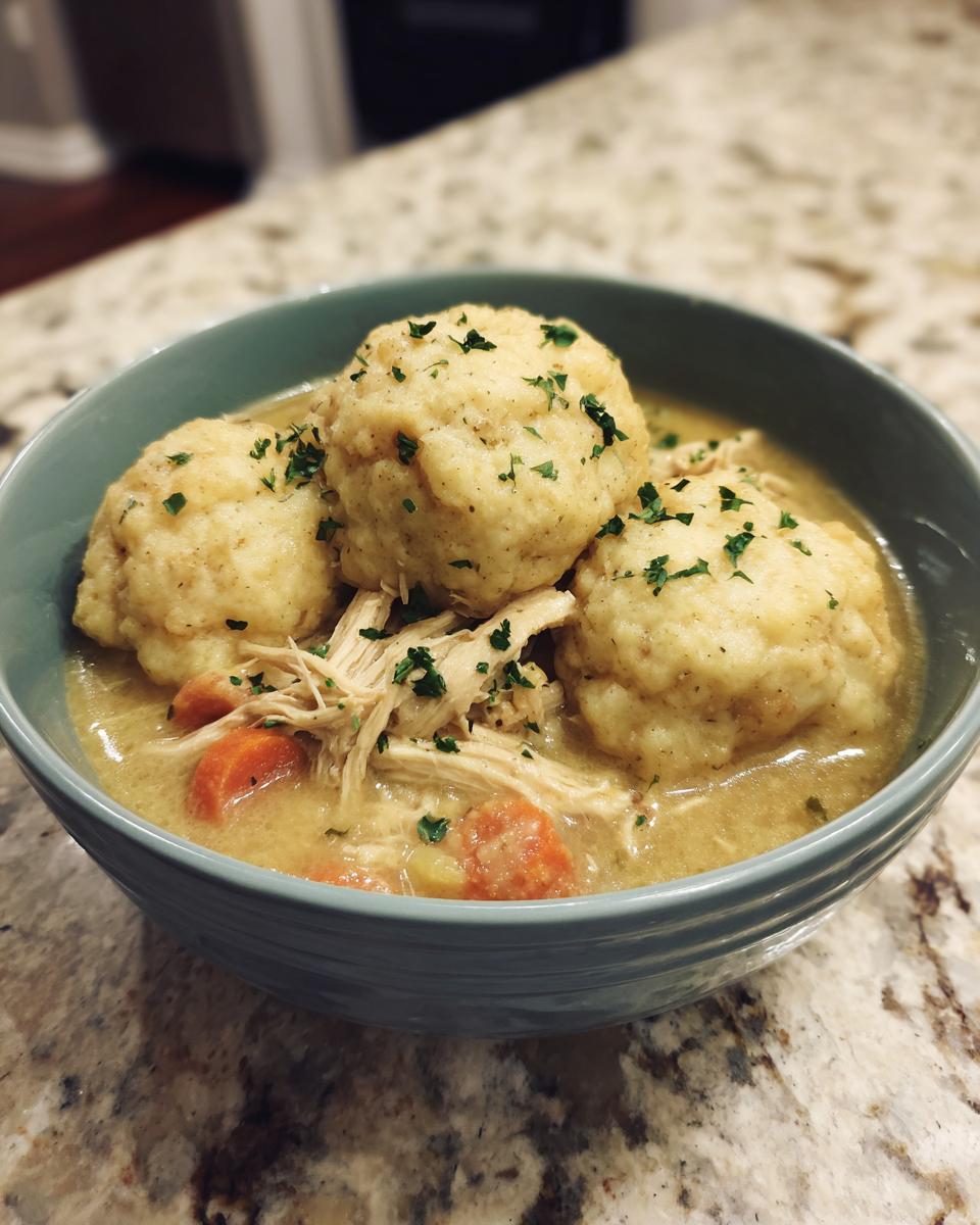 A comforting bowl of slow cooker chicken and dumplings, garnished with parsley.