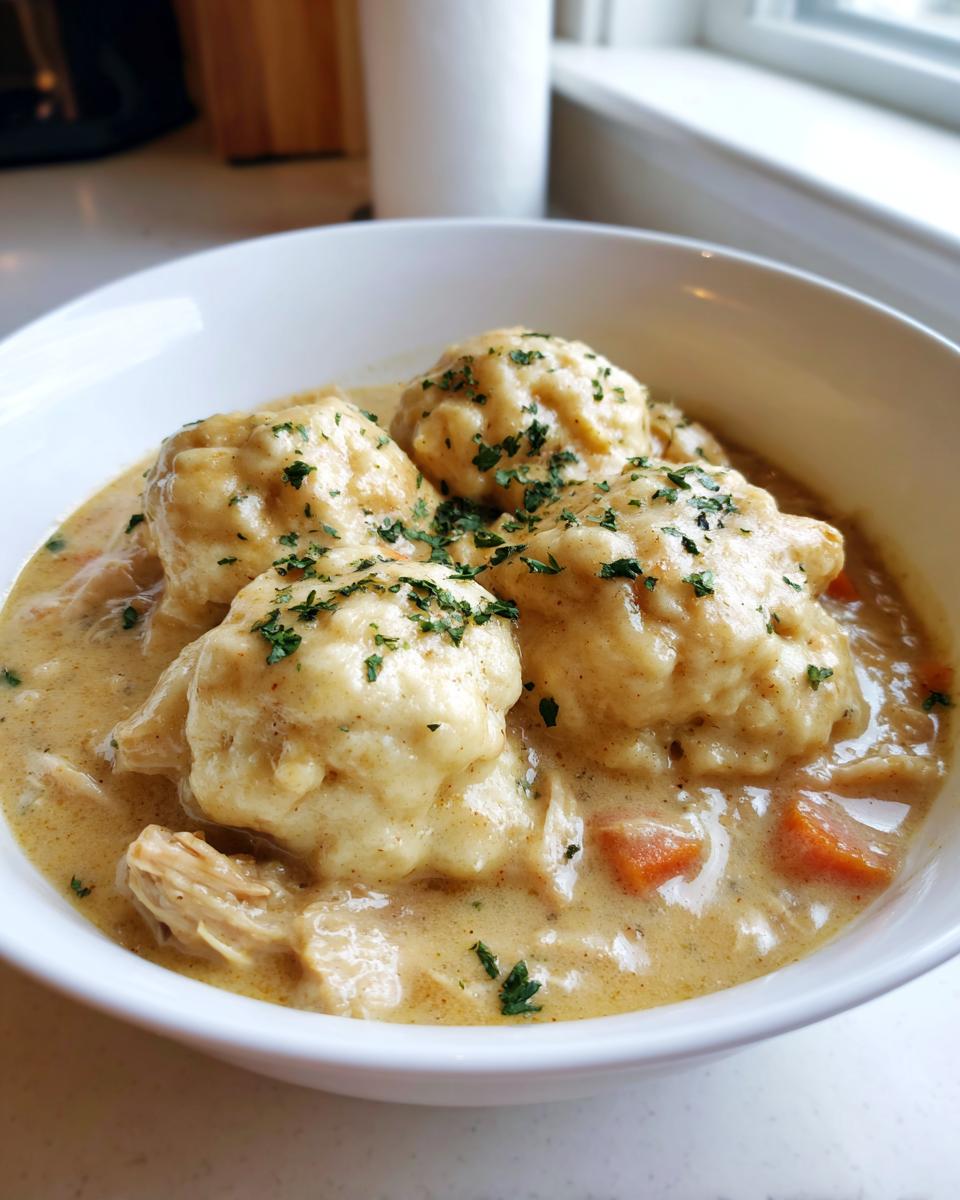A comforting bowl of slow cooker chicken and dumplings, garnished with fresh herbs.