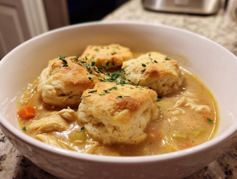 A bowl of slow cooker chicken and dumplings, topped with fresh parsley. Comfort food at its finest!