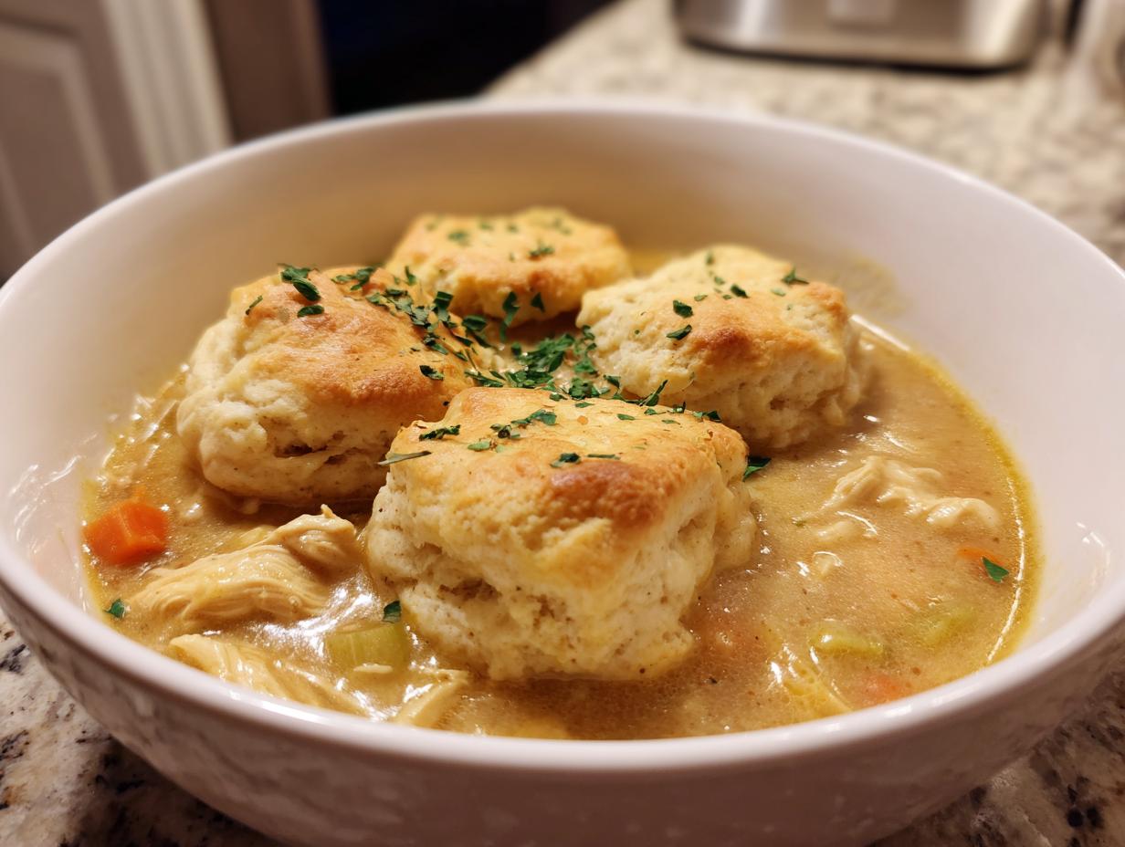 A bowl of slow cooker chicken and dumplings, topped with fresh parsley. Comfort food at its finest!