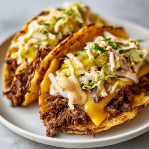 Two smashburger tacos on a plate, filled with beef, cheese, lettuce, pickles, onions, and a creamy sauce.