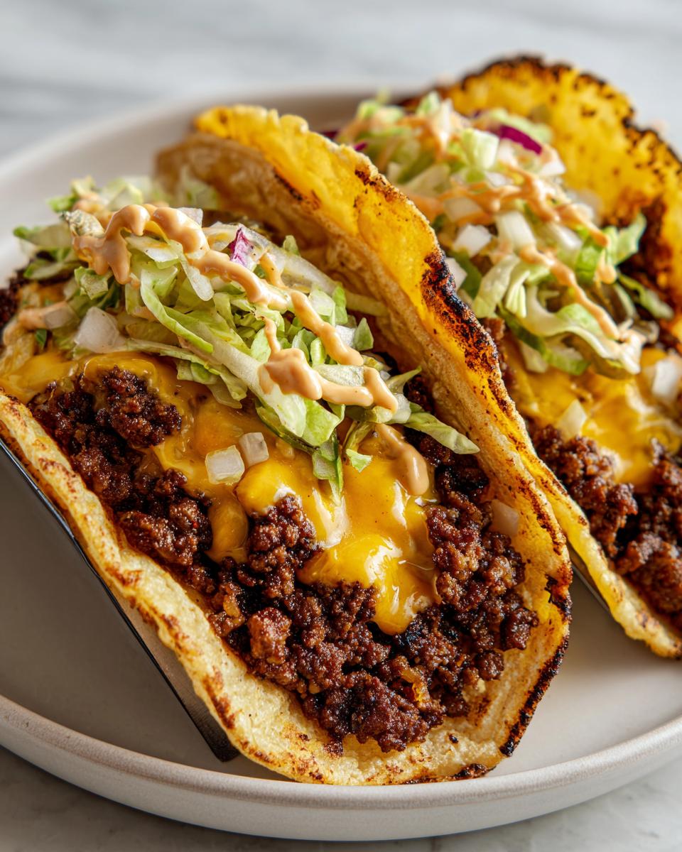Two smashburger tacos filled with seasoned ground beef, melted cheese, lettuce, and a creamy sauce on a white plate.