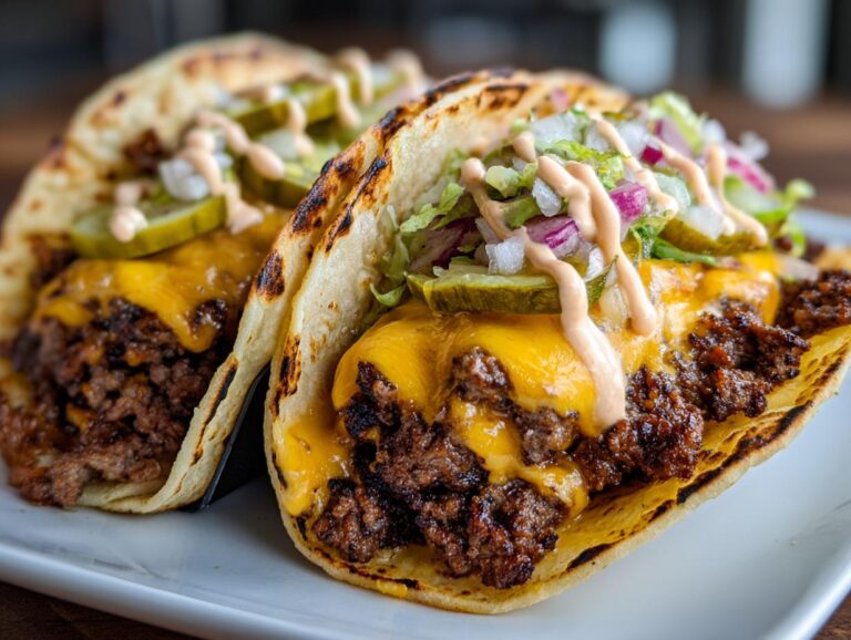 Two smashburger tacos filled with ground beef, cheese, lettuce, pickles, and special sauce.