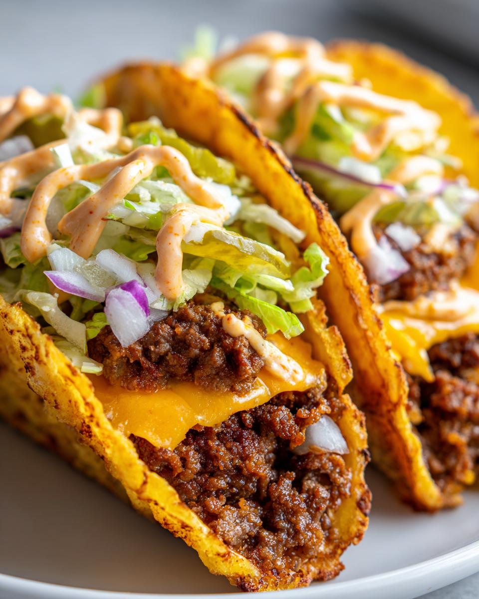 Close-up of two smashburger tacos with seasoned beef, cheese, lettuce, onion, pickles, and special sauce.