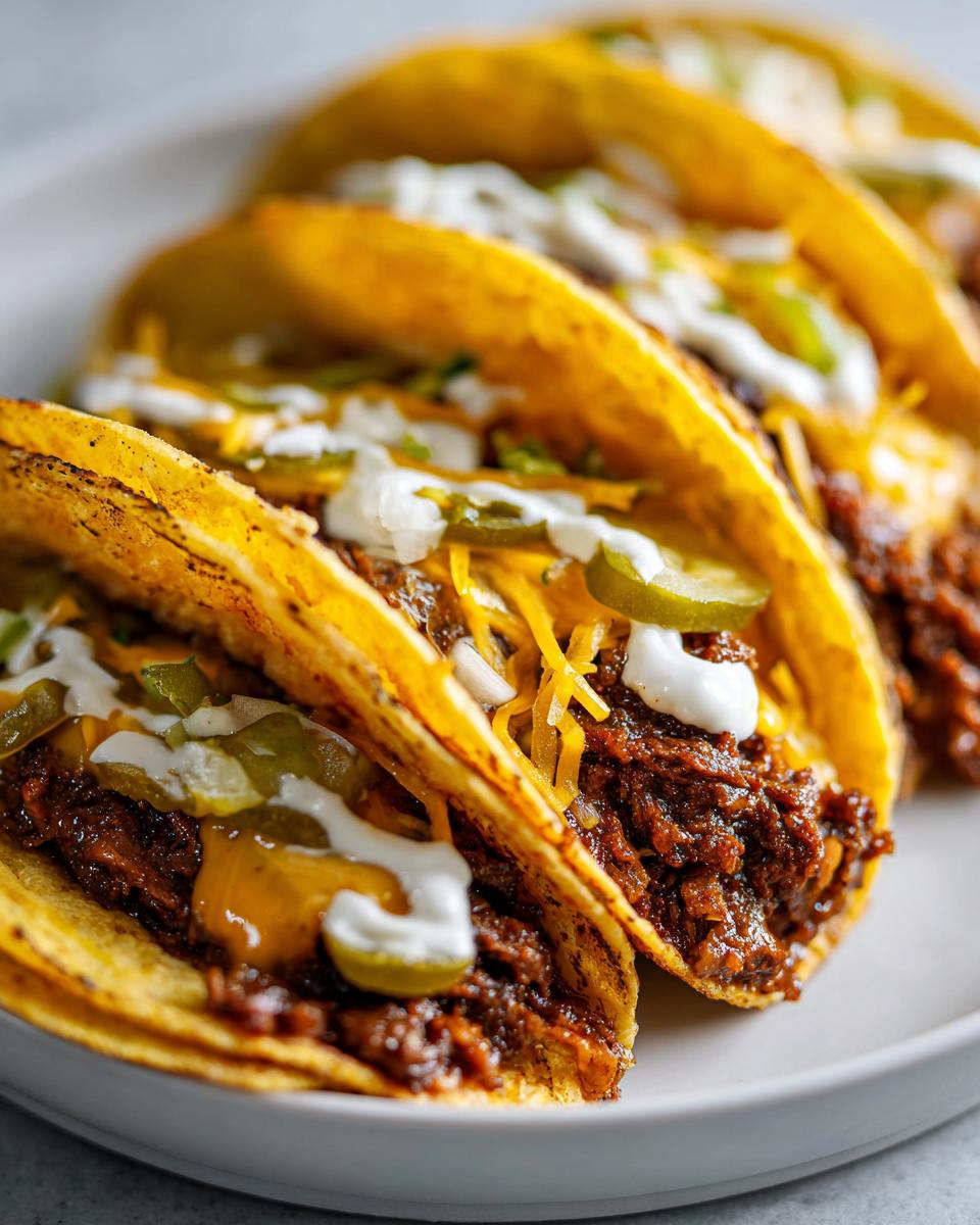 Close-up of four smashburger tacos on a plate, topped with cheese, pickles, and sauce.