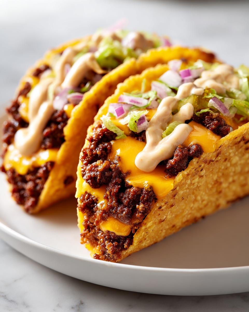 Two smashburger tacos filled with seasoned meat, melted cheese, lettuce, red onion, and sauce, served on a white plate.